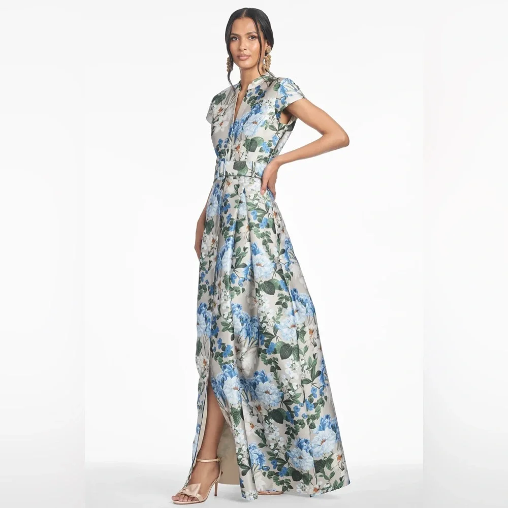 Sachin + Babi Cream Maxi Dress with Blue Floral Print and Green Leaves - Picture 3 of 9